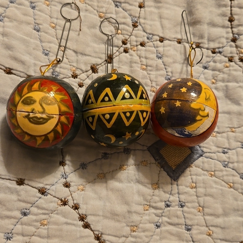Vintage Chippy Painted Wooden Ornaments Set of 3